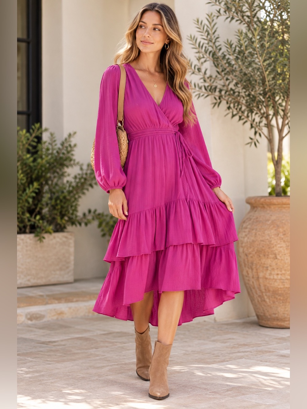 Knox Rose Wrap Midi Dress Fuschia Purple Fall Ruffle Long Sleeve V Neck